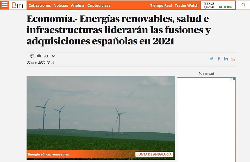 Energas renovables, salud e infraestructuras liderarn las fusiones y adquisiciones espaolas en 2021